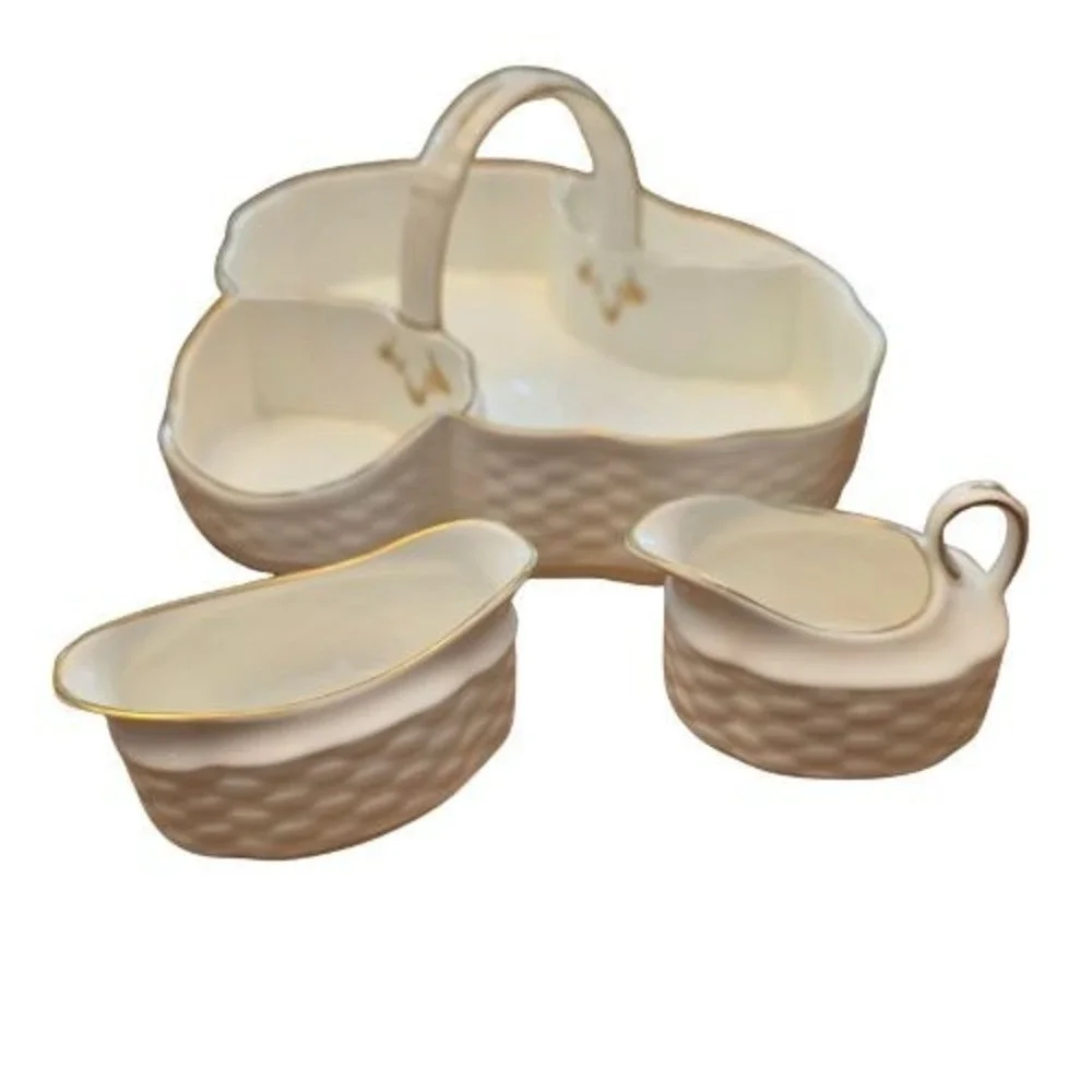 Coalport Bone China Fruit Berry Basket Serving Tray Cream Sugar 22K Gold England
